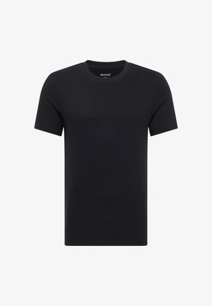 Schwarzes Kurzarm-T-Shirt mit Rundhalsausschnitt, kleinen gestickten Logo auf der linken Brust und Markenetikett im Kragen.