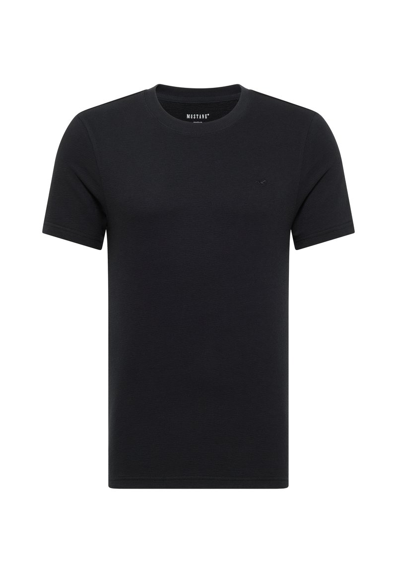 Black short-sleeve crew neck t-shirt with small embroidered logo on left chest and brand label inside the collar.