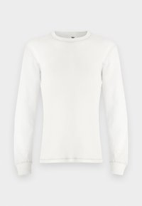 Hvit langermet termisk skjorte med ribbestruktur, rund hals og mansjetterte ermer. Ren, strømlinjeformet design med nøytral farge.