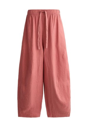 Løse, vide bukser med cropped længde i støvet rosa med elastisk talje og snøre foran, lavet af letvægtsstof.