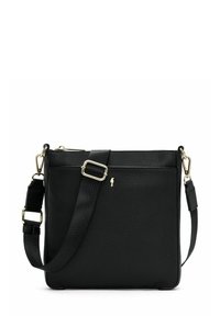 Czarna torebka crossbody z teksturowanej skóry, z regulowanym paskiem i złotymi detalami, prostokątna forma oraz małe złote logo z przodu.