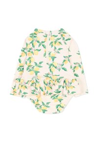 Costume da bagno a maniche lunghe con sfondo color pesca chiaro, motivo di limoni e fiori, bordo arricciato e chiusura centrale con zip.