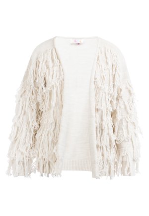 Cardigan a frange in crema, con tessuto intrecciato testurizzato e frange sciolte lungo le maniche e i bordi frontali, design aperto davanti.