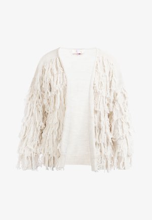 Fringejakke i cremefarvet, med tekstureret vævet stof og løse frynser langs ærmerne og de forreste kanter, åben frontdesign.