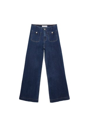 Jeans en denim foncé à large jambe avec deux poches avant, boutons en argent et coupe droite. Design épuré avec une taille mi-haute et des détails de couture.