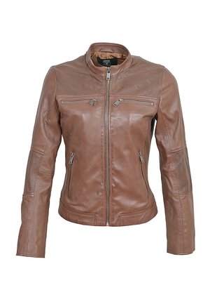 Braune Lederjacke mit einem figurbetonten Design, ausgestattet mit Reißverschlusstaschen, Netzseiteneinsätzen und einem Stehkragen für einen strukturierten Look.