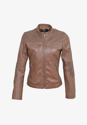 Bruine leren jas met een slim fit ontwerp, voorzien van ritszakken, mesh zijpanelen en een staande kraag voor een gestructureerde uitstraling.