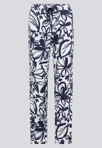 White pants with a blue floral and leaf pattern, elastic waistband with drawstring, straight-leg design, lightweight fabric texture.