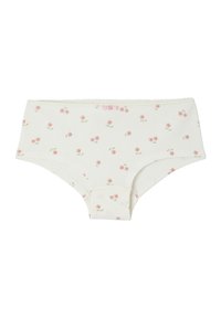 Weiße Hipster-Unterwäsche für Frauen mit kleinem rosa Blumenmuster und einer winzigen rosa Schleife in der Mitte des Taillenbundes.