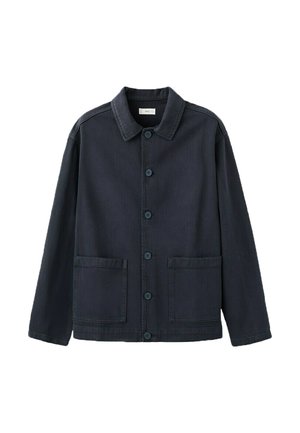 Giacca a camicia blu navy scuro con colletto e due tasche applicate frontali, mostrata su sfondo bianco.