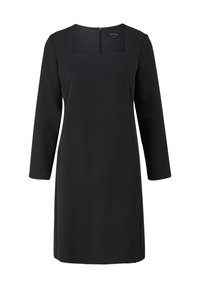 Schwarzes Kleid mit quadratischem Ausschnitt, drei Viertelärmeln und einem Reißverschluss auf der Rückseite. Hergestellt aus glattem Stoff mit einer figurschmeichelnden Silhouette.