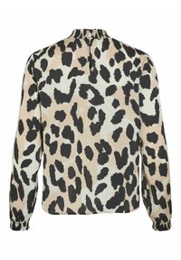 Blouse à manches longues ornée d'un motif léopard noir et beige, avec un col froncé et des poignets élastiques, fabriquée en tissu léger.