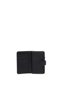 Portafoglio in pelle nera con texture liscia, dotato di diversi scomparti per carte, una chiusura sicura con cinturino e un design minimalista.