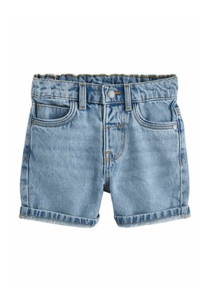Denim shorts in light blue with a folded hem, five pockets, and a front button closure. Made of durable cotton fabric.