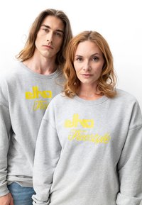 Grau Sweatshirt aus weichem Material mit Rundhalsausschnitt. Mit gelber, gestickter Aufschrift "elko Freestyle" auf der Vorderseite. Lockerer Schnitt.