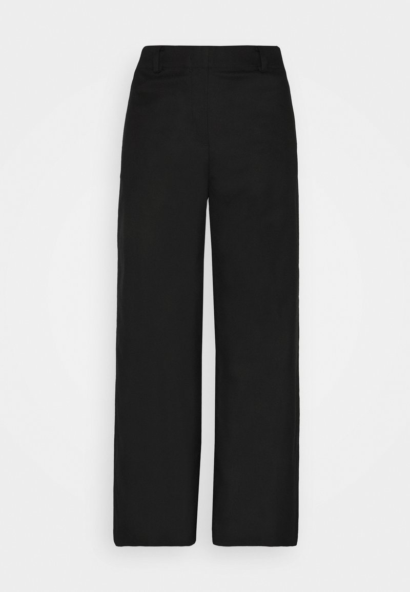Pantalon noir taille haute à jambes larges avec passants de ceinture, devant plat et sans poches visibles, présenté sur fond uni.