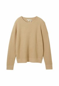Maglione beige a maglia con un motivo testurizzato, scollatura rotonda, maniche lunghe e polsini e orlo a coste. Realizzato in un tessuto morbido.