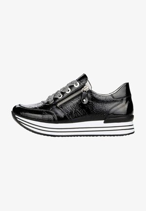 Black patent leather sneaker with a textured finish, featuring a side zipper, black and white striped sole, and decorative laces.