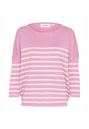 Maglione rosa a maniche lunghe con righe bianche orizzontali, scollatura rotonda e vestibilità rilassata con spalle scese.