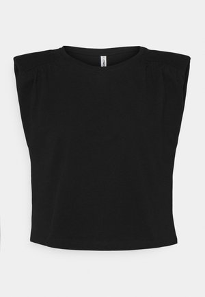 Černý top s krátkými rukávy a kulatým výstřihem, s plisovanými detaily na ramenech a krátkým střihem. Vyrobený z měkkého elastického materiálu.