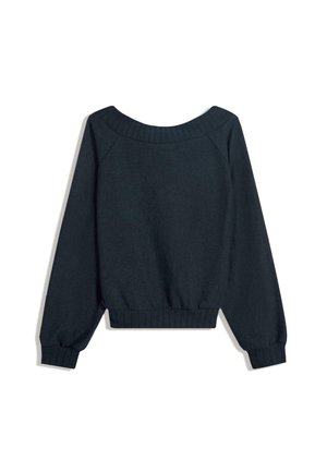 Sort langærmet sweater med ribstrikket bred halsudskæring, ærmekanter og talje, vist fladt på hvid baggrund.