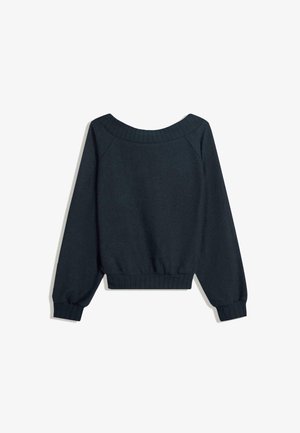 Jersey negro de manga larga con cuello ancho, puños y cintura acanalados, mostrado extendido sobre un fondo blanco.