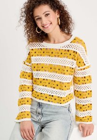 Pull en crochet présentant des motifs floraux jaunes alternant avec des motifs en treillis blancs. Manches longues avec des poignets festonnés et un large décolleté.