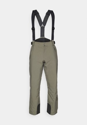 Pantaloni da sci con bretelle nere regolabili, tessuto verde oliva, due tasche laterali, fondo rinforzato nero e chiusura con bottone in vita.