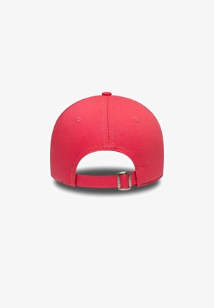 Red cotton baseball cap with a rounded shape, adjustable strap, and metal buckle at the back. Smooth texture, plain design, no patterns.