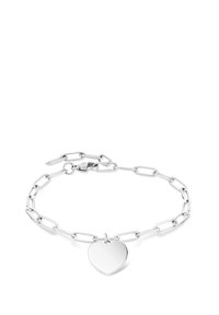 Zilveren kettingarmband met verlengde schakels en een hartvormige bedel. Gladde textuur met een glanzende afwerking, voorzien van een veilige sluiting.