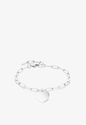 Silberne Kettenarmband mit länglichen Gliedern und einem herzförmigen Anhänger. Glatte Textur mit glänzender Oberfläche, ausgestattet mit einem sicheren Verschluss.