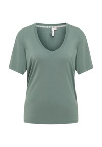 Maglietta verde a scollo a V realizzata in tessuto morbido, con maniche corte e una vestibilità comoda. Il collo e le maniche presentano dettagli di cucitura pulita.