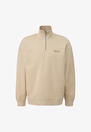 Beige Viertel-Reißverschluss-Sweatshirt mit gerippten Bündchen und Saum. Verfügt über einen strukturierten Stoff und bestickten Text auf der linken Brustseite.