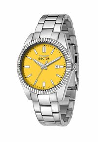 Orologio in metallo argentato con lunetta girevole, quadrante giallo, indici delle ore argentati e display della data. Caratterizzato da un bracciale in metallo.