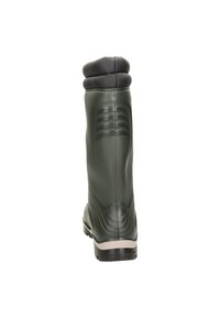 Botte verte imperméable avec un col rembourré noir, corps en caoutchouc lisse, design incurvé et semelle noire texturée pour l'adhérence.