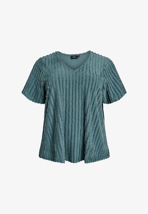 Ceriņzaļš īsām piedurknēm tops ar V-veida kaklu, kura dizainā ir teksturētas vertikālās svītras un frēzēti akcenti. Izgatavots no mīksta, viegla auduma.