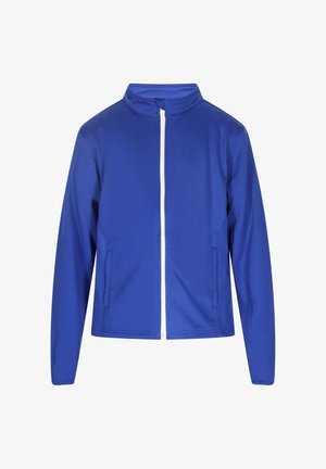 Giacca sportiva blu con colletto alto, chiusura frontale con zip e due tasche laterali, dal tessuto liscio. Presenta dettagli con zip bianca e cuciture.