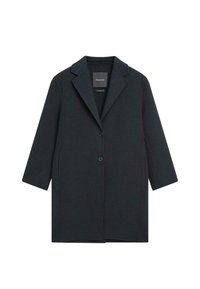 Cappotto di lana grigio scuro con colletto a revenant, due bottoni davanti, maniche di media lunghezza e design dritto. Etichetta visibile all'interno.