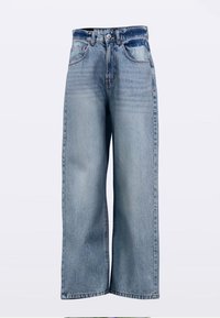 Svijetloplave traperice širokih nogavica s visokim strukom, dizajnom s pet džepova i suptilnim efektima izblijedjelosti na tkanini.