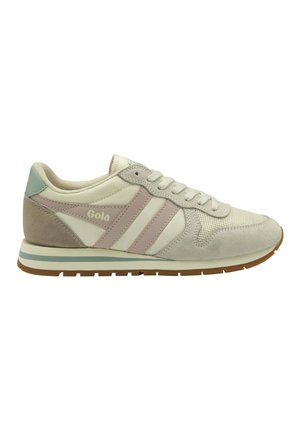 Scarpa da ginnastica Gola beige e grigio chiaro con pannelli in mesh e suede, strisce rosa chiaro, logo del marchio, lacci bianchi e suola in gomma.