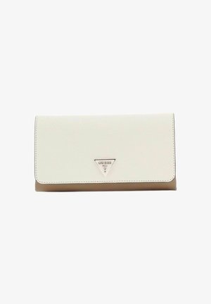Portafoglio rettangolare beige e crema realizzato in materiale sintetico, con chiusura a pressione e logo triangolare metallico sul fronte.