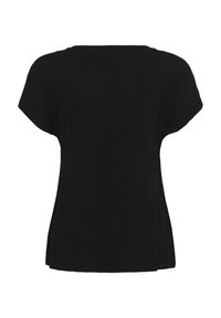 Haut noir à manches courtes avec un col rond, fabriqué en tissu doux. Il présente une coupe décontractée et des fentes sur les côtés pour plus de confort.