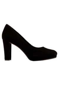 Pump nera in suede con tacco alto, punta arrotondata, tacco a blocco di 10 cm e finitura liscia. Dotata di soletta imbottita per il massimo comfort.