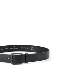 Ceinture en cuir noir avec une boucle argentée, taille 85 cm (32 pouces), comportant des trous perforés et un marquage en relief le long de la face intérieure.