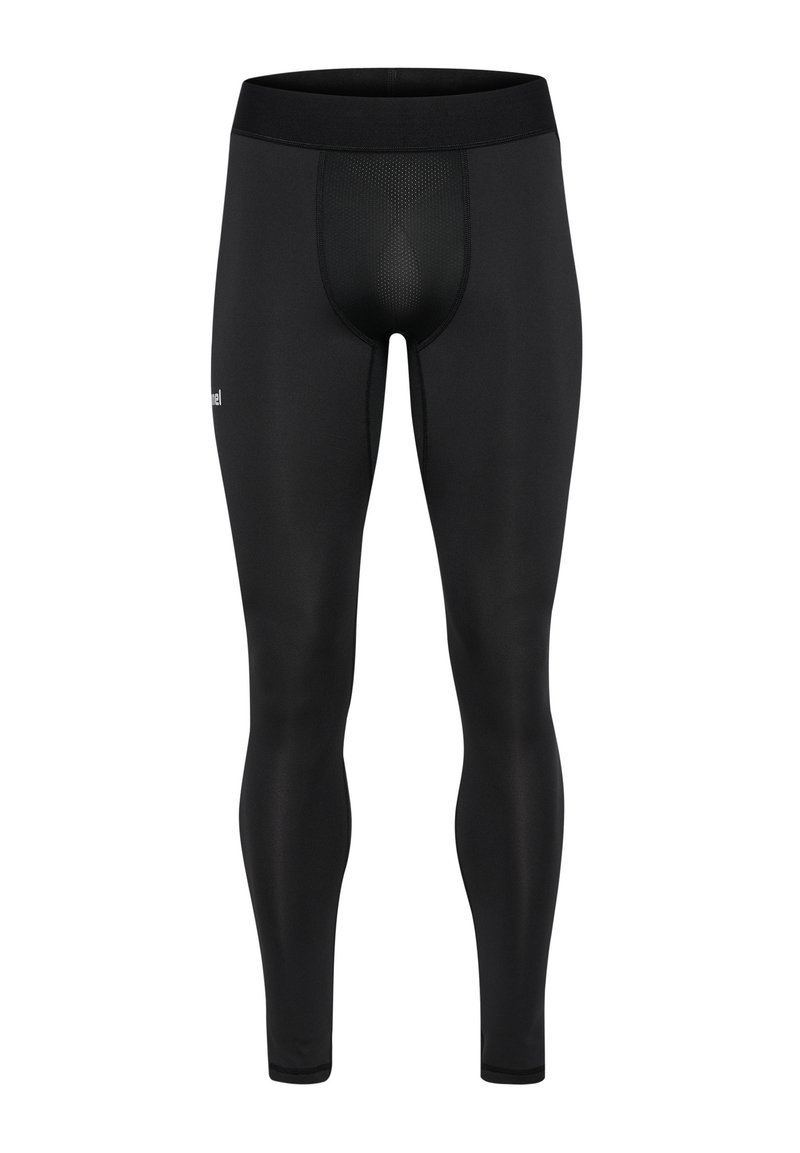 Schwarze sportliche Leggings aus dehnbarem Material, mit hohem Bund, figurbetontem Schnitt und Netzpaneelen an der Vorderseite.