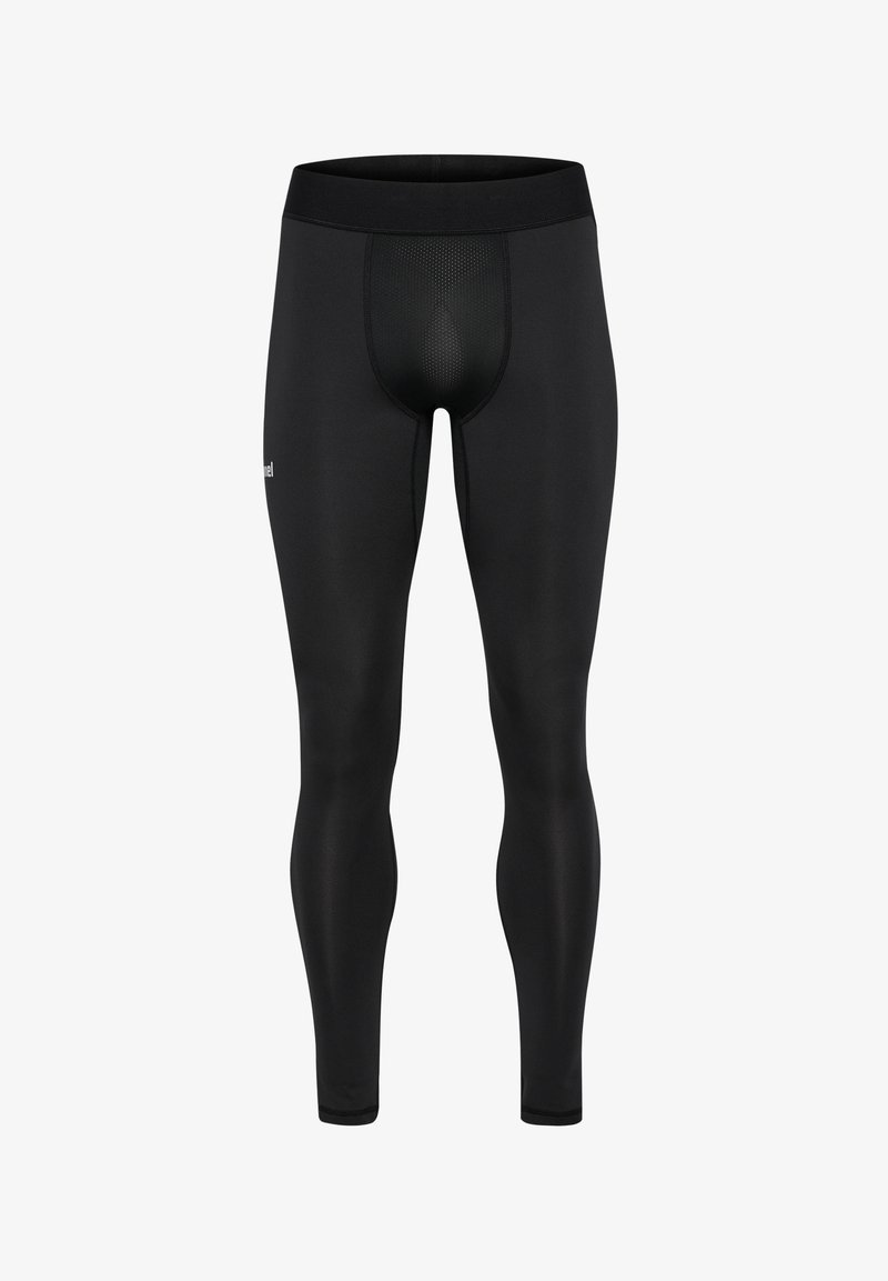 Black athletic leggings made of stretchy material, featuring a high waistband, fitted shape, and mesh panel detail at the front.