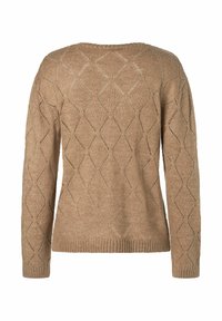 Beige gestrickter Pullover mit Rautenmuster, langen Ärmeln und rundem Halsausschnitt. Strukturierter Stoff mit einem leicht lockeren Sitz.