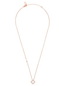 Rose gold chain necklace featuring a clover-shaped pendant with a cross design, accented by a small sparkling stone.