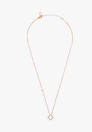 Collana in oro rosa con un pendente a forma di quadrifoglio con design a croce, accentuato da una piccola pietra scintillante.