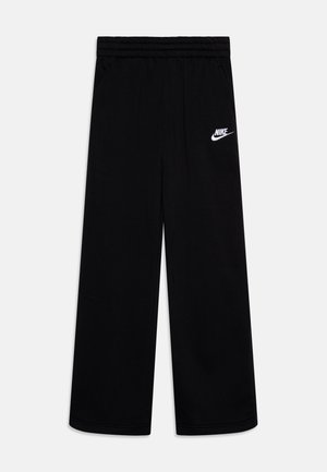 Black athletic pants made of soft material, featuring an elastic waistband and a white Nike logo on the left side. Wide-leg design.